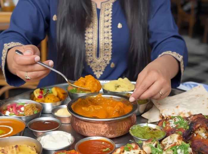 A shared Indian meal featuring curry, naan, and regional dishes