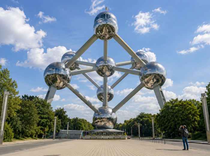 The Atomium rising above a quiet plaza in Brussels