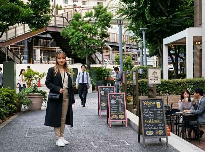 Sarah walking through Yebisu Garden Place in Ebisu 