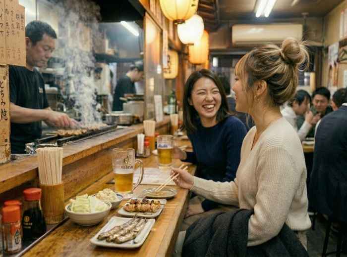 Sarah and friend sharing yakitori and beer at Ebisu Yokocho 