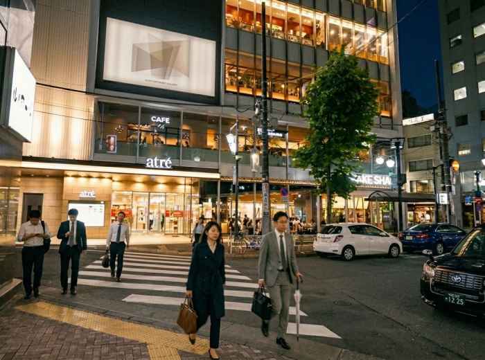Evening commuters crossing outside Ebisu Station 