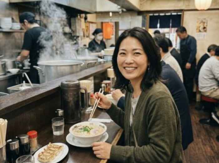 Mia enjoying ramen at a neighborhood noodle counter in Osaka 