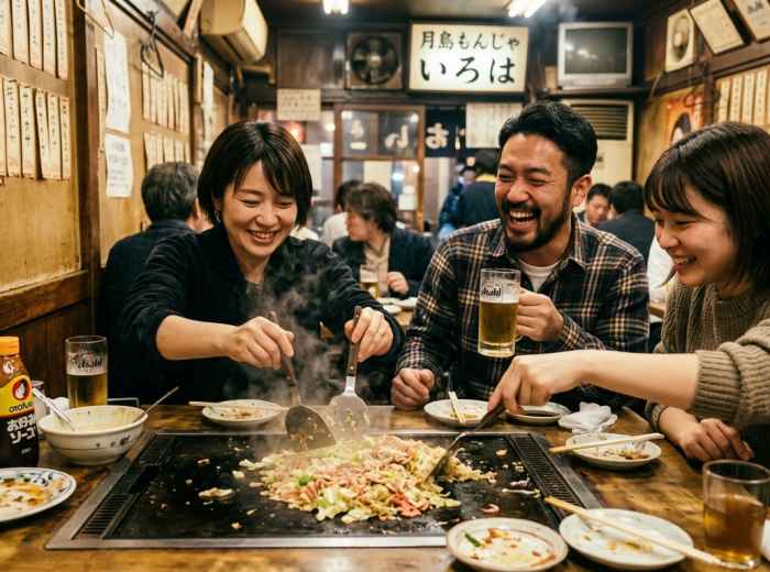 Friends cooking monjayaki together in a traditional Tsukishima restaurant 