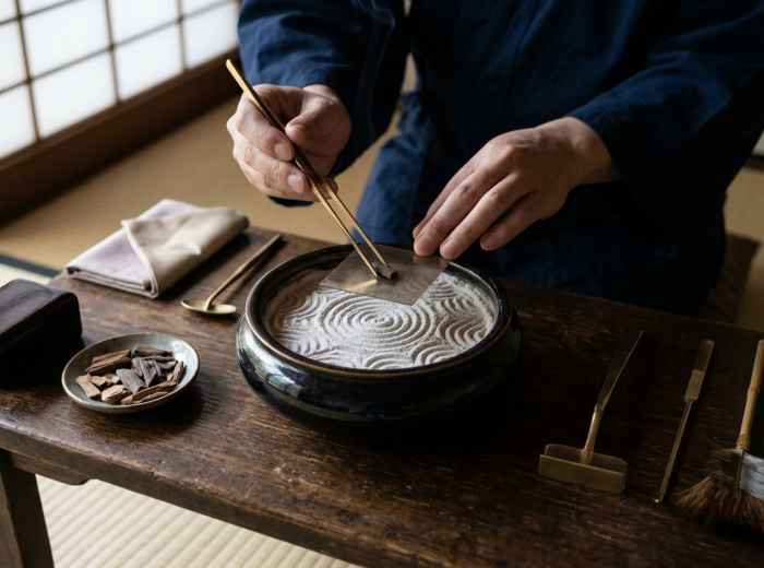 Traditional Kōdō incense preparation in a Kyoto tatami room