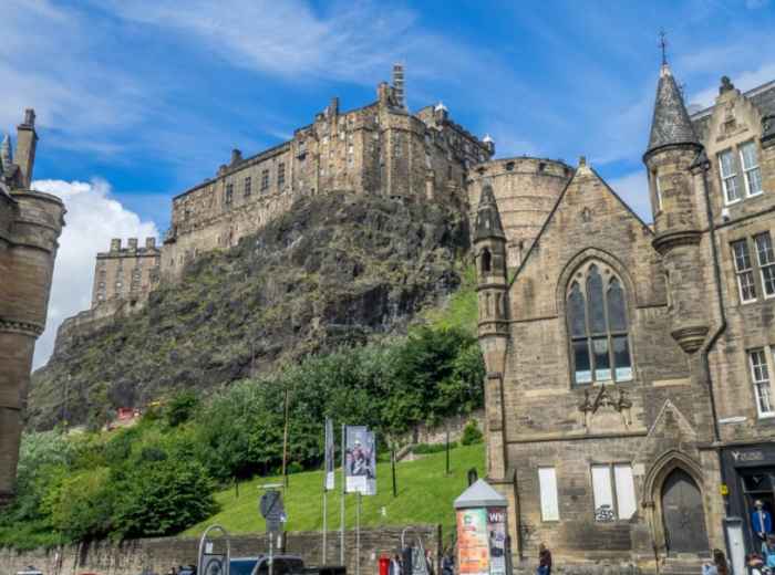 Edinburgh Castle towering above the historic Grassmarket 