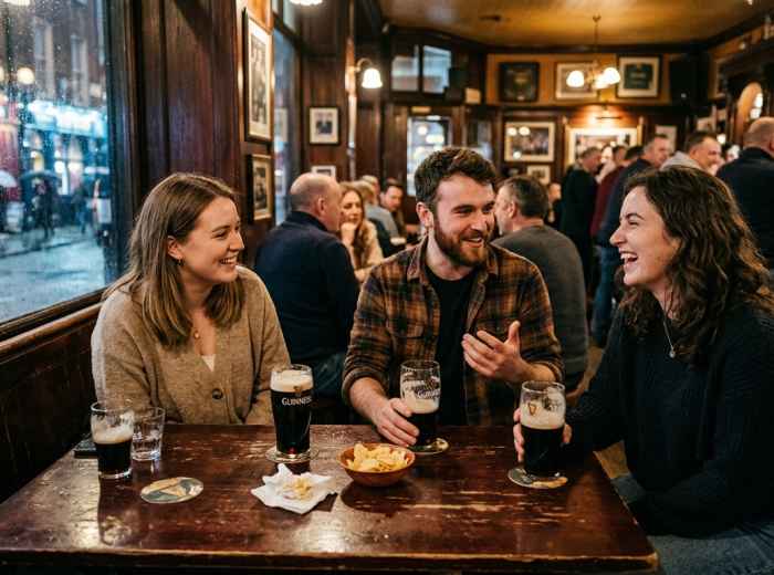 Friends enjoying Guinness in a traditional Dublin pub 