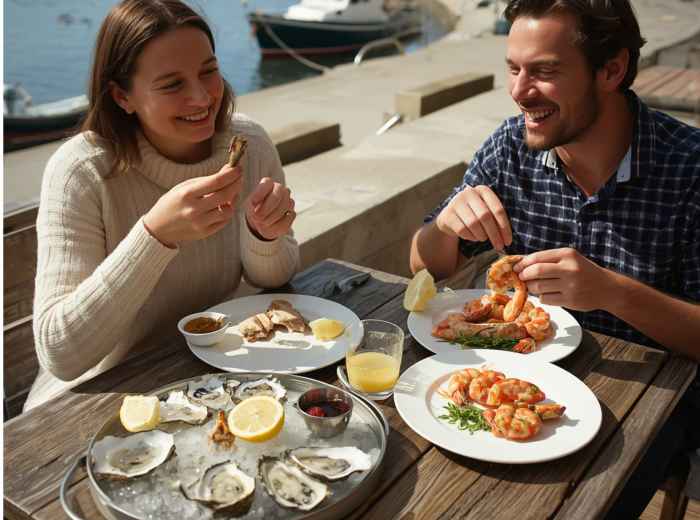 Enjoying oysters and Dublin Bay prawns overlooking Howth Harbor