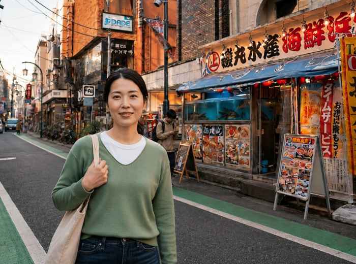 Tomomi standing outside a seafood restaurant in Sangenjaya