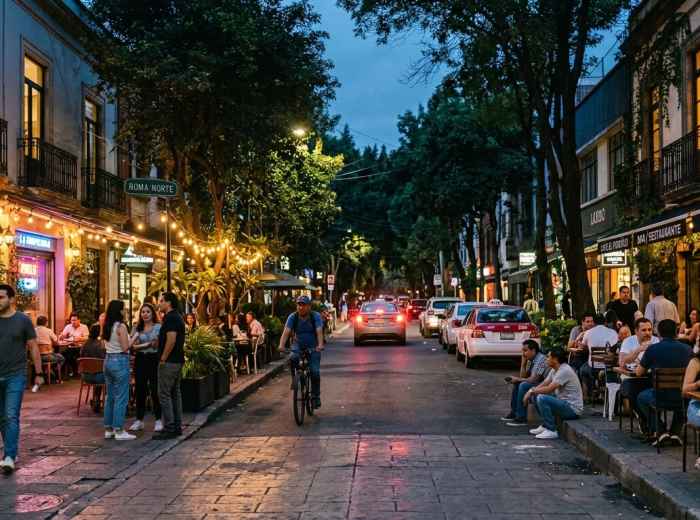 Evening dining and pedestrians along a lively Roma Norte street