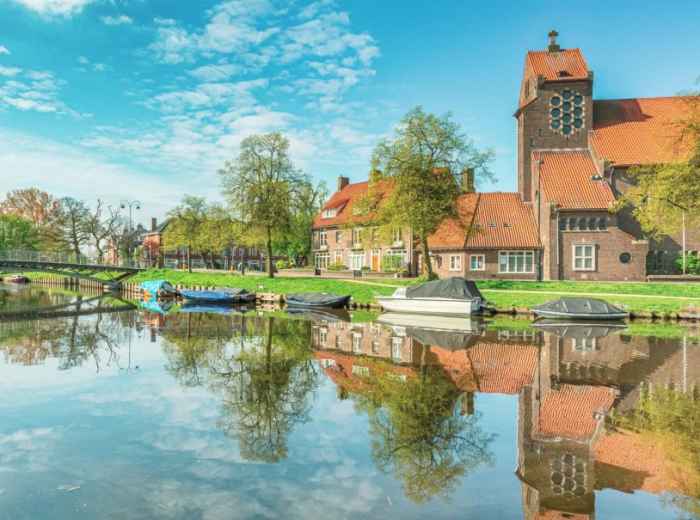 Historic canal scene in Haarlem, Netherlands 