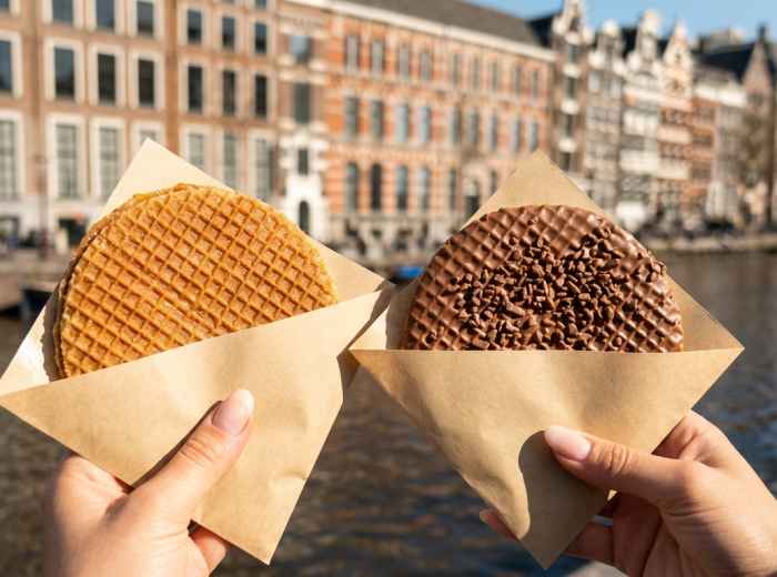 Classic Dutch stroopwafels beside an Amsterdam canal 