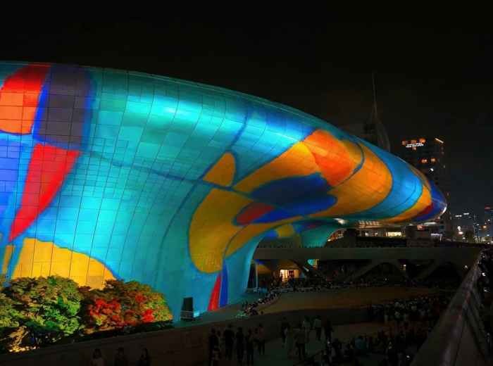 DDP illuminated by Seoul Light media art installation at night 
