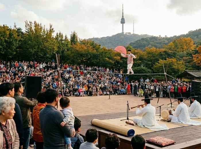 Traditional tightrope performance during Chuseok at Namsangol Hanok Village 