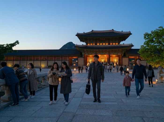 Visitors entering Gyeongbokgung Palace during an evening opening 