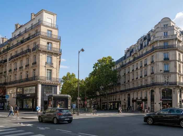 Haussmannian buildings around a broad Boulevard Haussmann intersection
