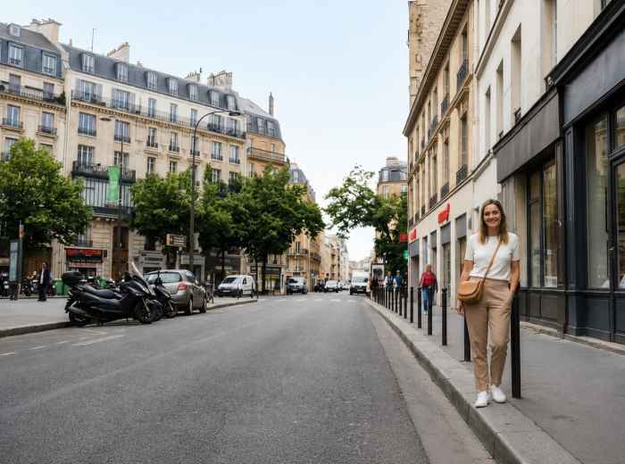 Margaux standing on Rue Oberkampf in Paris