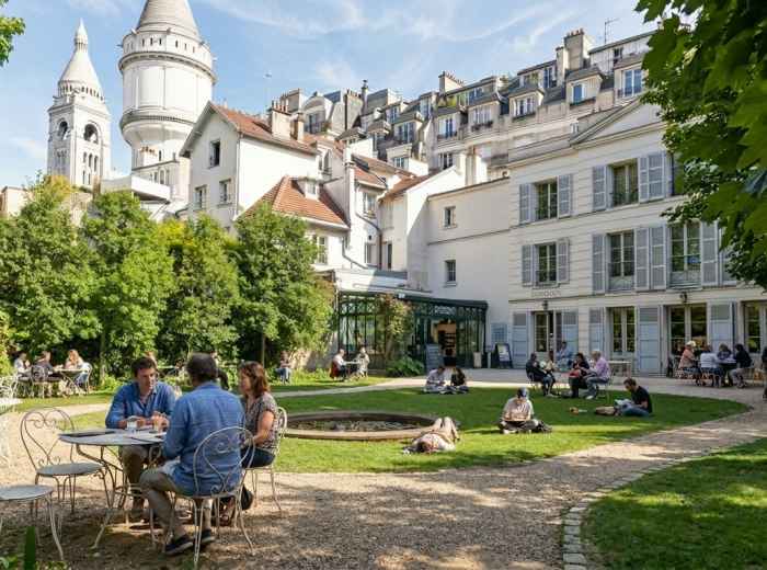 Garden and historic buildings at the Musée de Montmartre 
