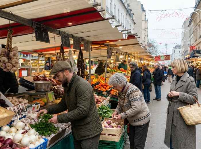 Morning shoppers browsing produce at Marché d’Aligre 