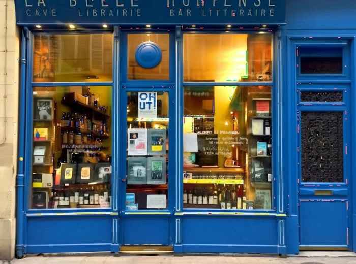 Blue storefront of La Belle Hortense in the Marais 