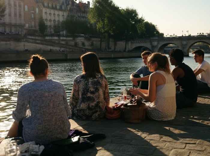Friends sharing an apéro beside the Seine in Paris 