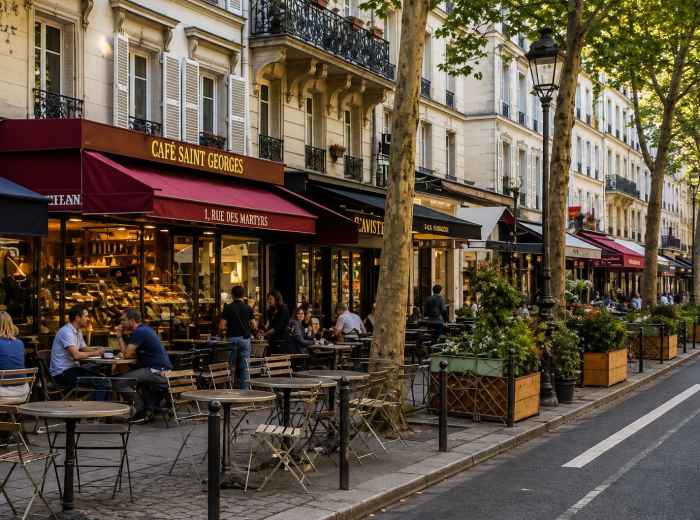 Cafés and pedestrians along Rue des Martyrs in Paris 