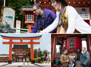 Tourists on a guided tour of historical buildings in Ja