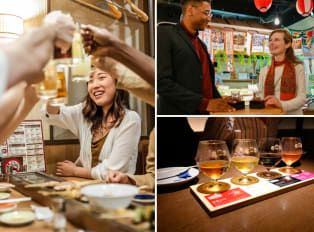 Travelers enjoying drinks on a food tour in Kyoto, Japa