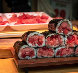 Tuna rolls at Tsukiji Outer Market, Tokyo, Japan