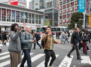 Tourists on their way to view cherry blossoms