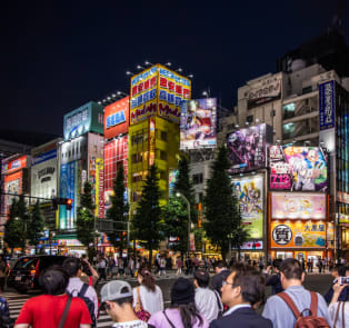 Akihabara city at night with many tourists