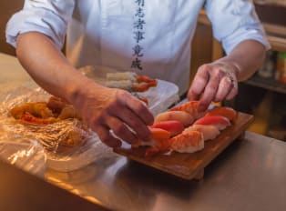 Assortment of sushi being prepared in Tokyo, Japan
