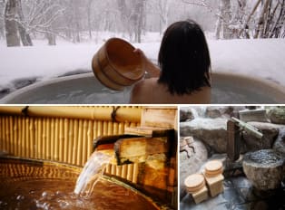 Woman in a hot spring bath, water flowing into a bath,