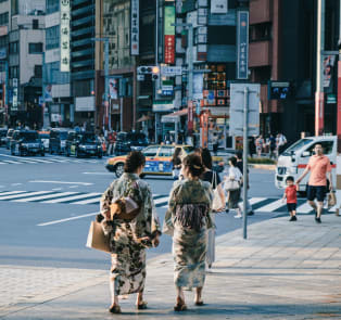 Women wearing kimonos walking in the city, Nihombashi,