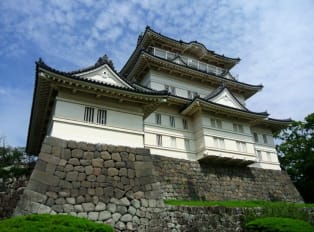 Odawara Castle with cobble stone bricks and nice blue s