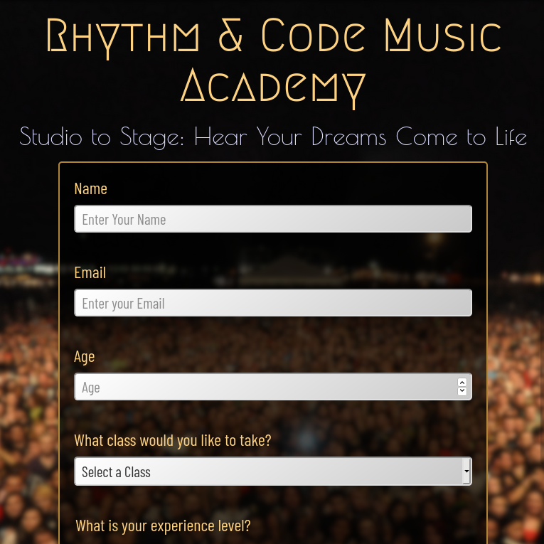screenshot of music academy sign up form web page
