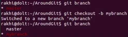 screenshot of checkout mybranch command being used in linux terminal