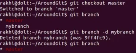 screenshot of git branch delete command being used in linux terminal