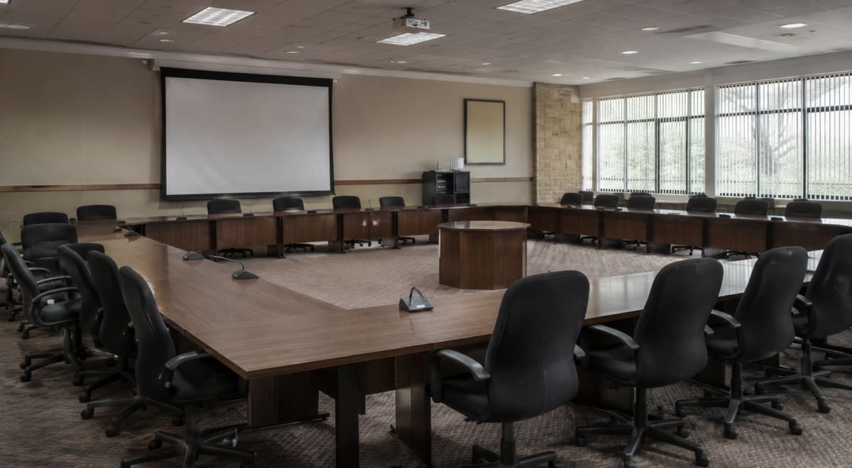 An empty municipal committee room.