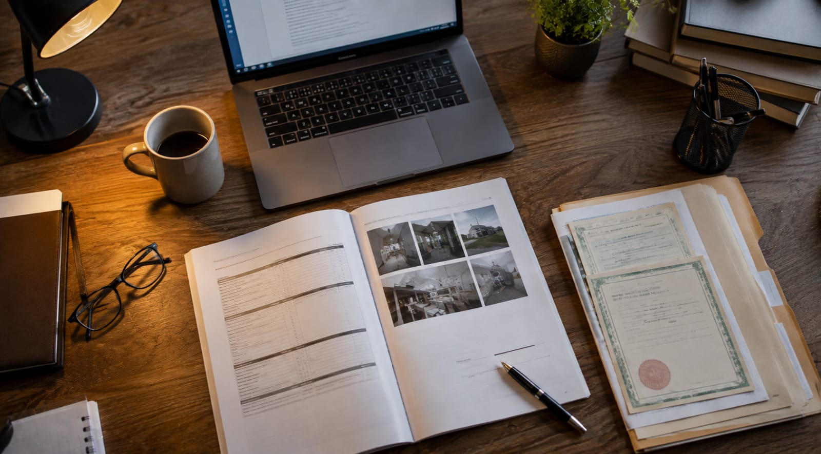 A desk mid-review: an evidence pack open, a pen resting on the signature line.
