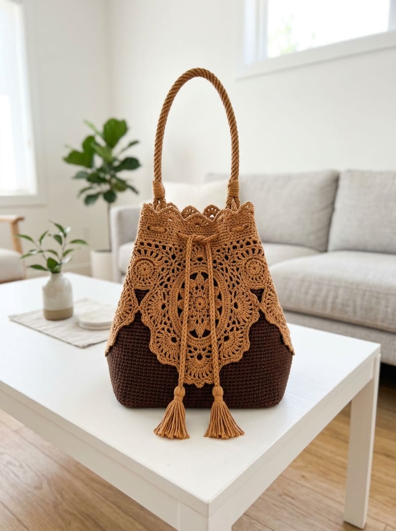## Caramel Mocha Lace Bucket Bag – Made With Sally