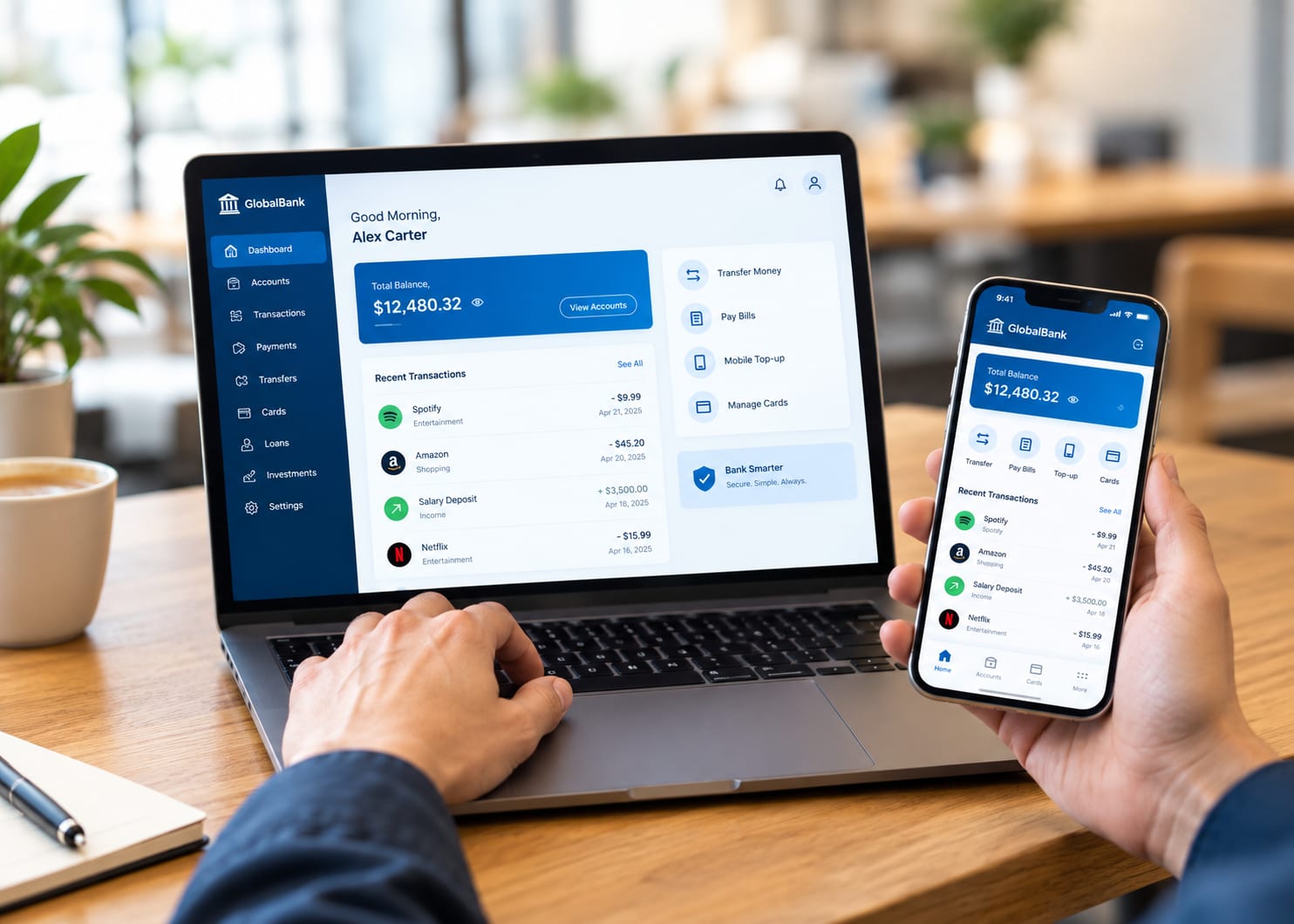 Mobile banking app dashboard on a laptop and smartphone showing accounts and recent transactions