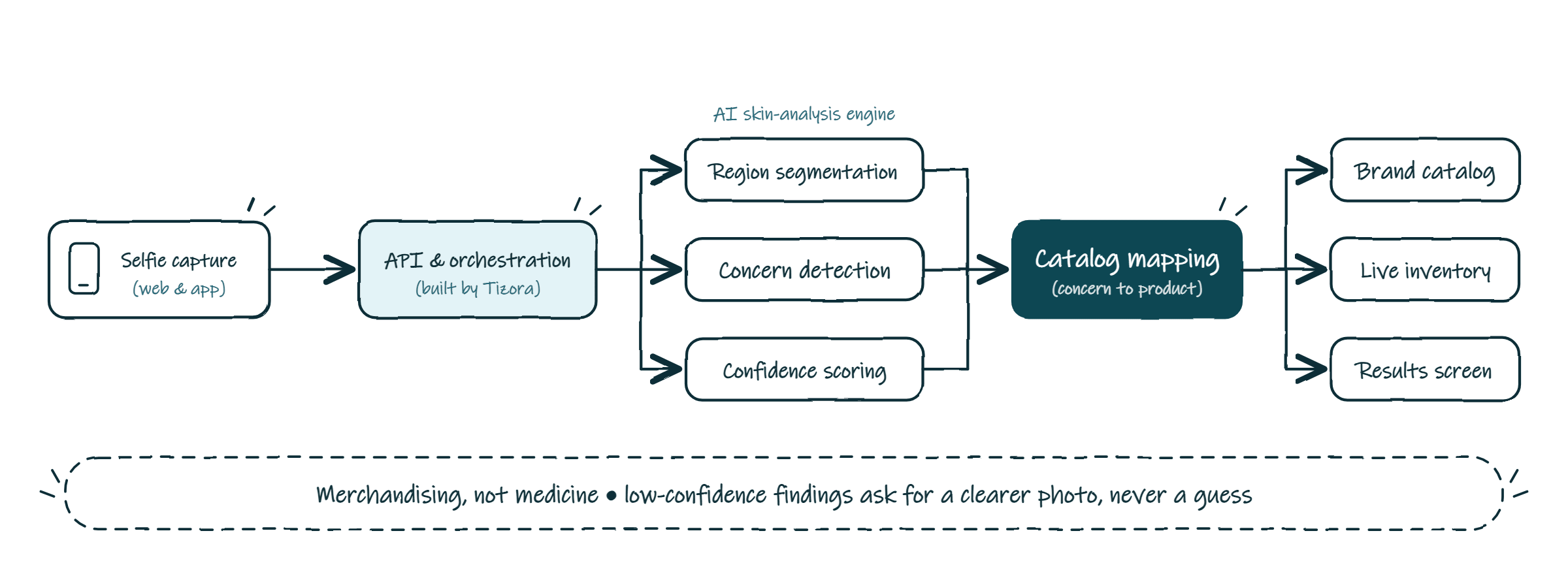 AI skin analysis architecture diagram. A customer selfie from web or app goes to an API and orchestration layer built by Tizora, then to the AI skin-analysis engine for region segmentation, concern detection and confidence scoring. A catalog mapping step matches each finding to products in the brand catalog, checks live inventory and shows the results screen. Low-confidence findings prompt a clearer photo instead of a guess.