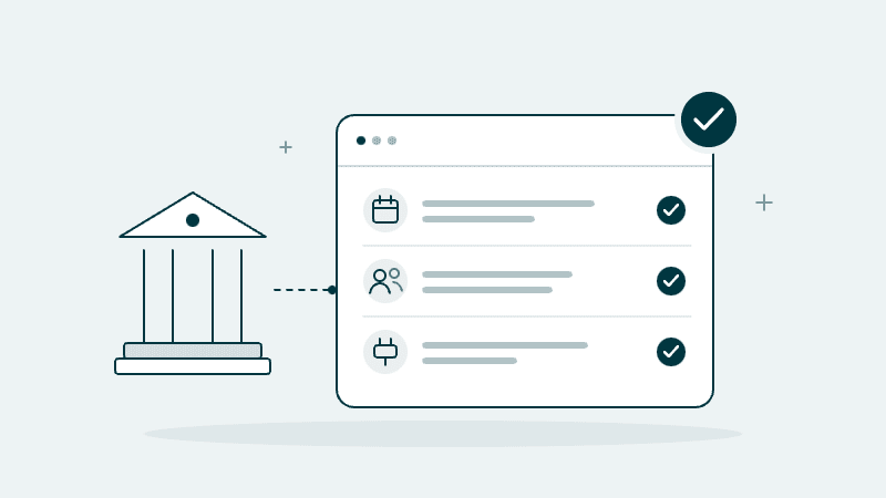 Illustration of a bank connected to a checklist card with three ticked items for timeline, team and prerequisites, topped with an approval seal