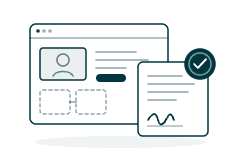 Illustration of an onboarding screen wireframe beside a signed controls document with an approval seal