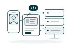 Illustration of a phone video KYC call and a branch tablet reading an ID card, both connected to core banking, LOS and CRM systems