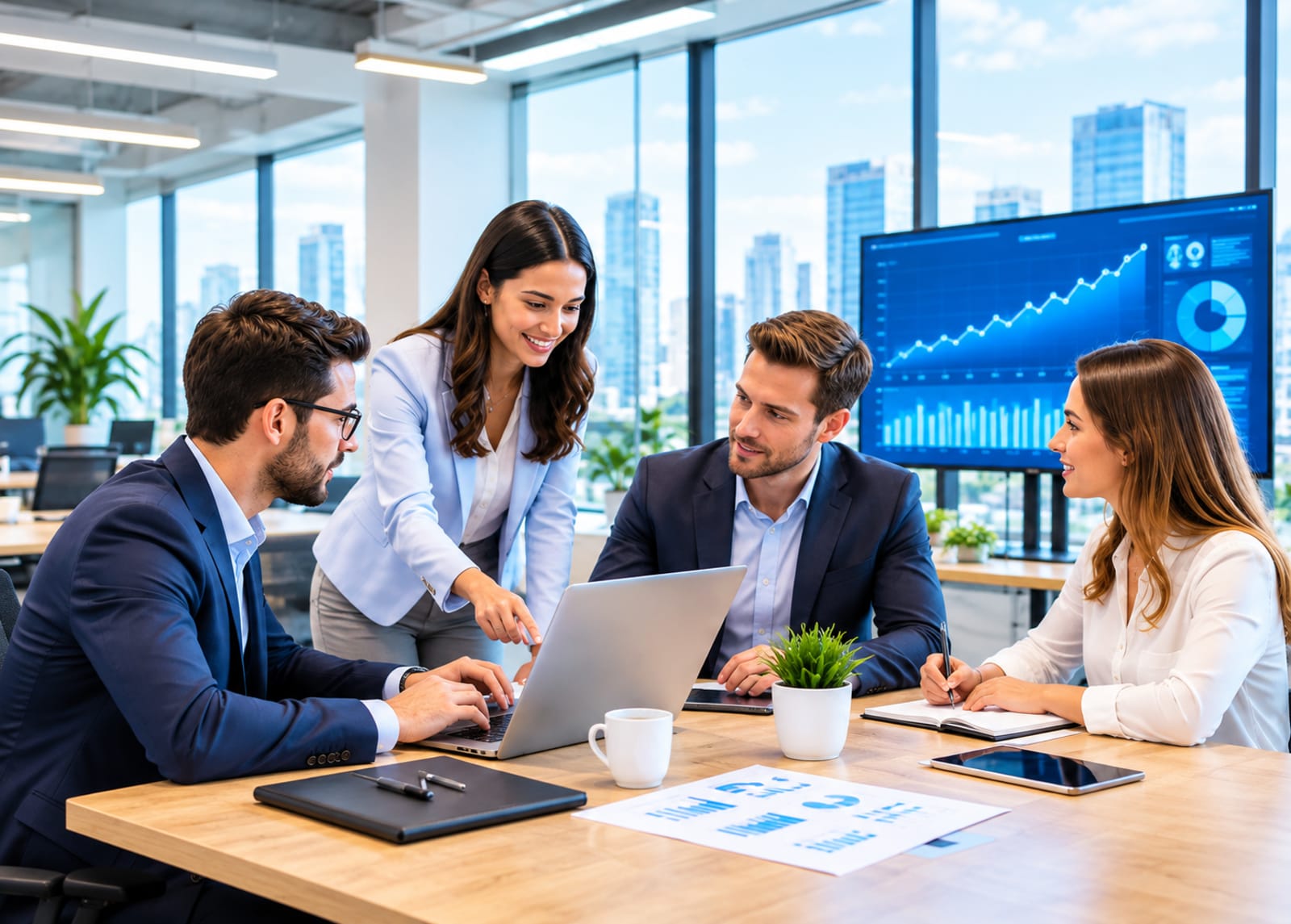 Bank operations team reviewing core banking analytics on a laptop in a modern office