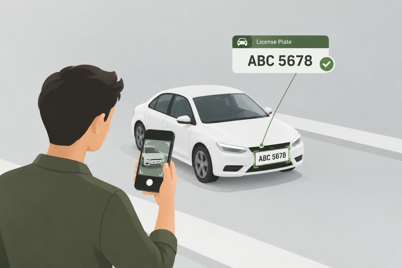 Illustration of a person scanning a white car with a phone while AI license plate recognition highlights the plate and confirms the number ABC 5678