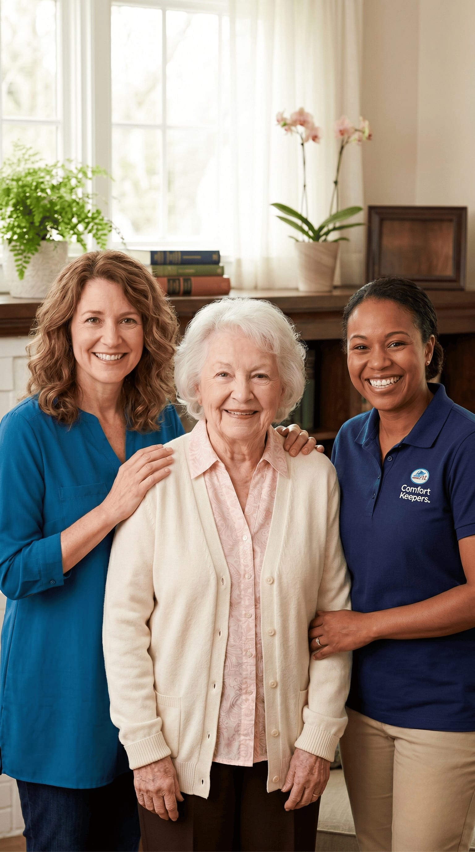 Two Comfort Keepers caregivers standing with a smiling senior woman between them