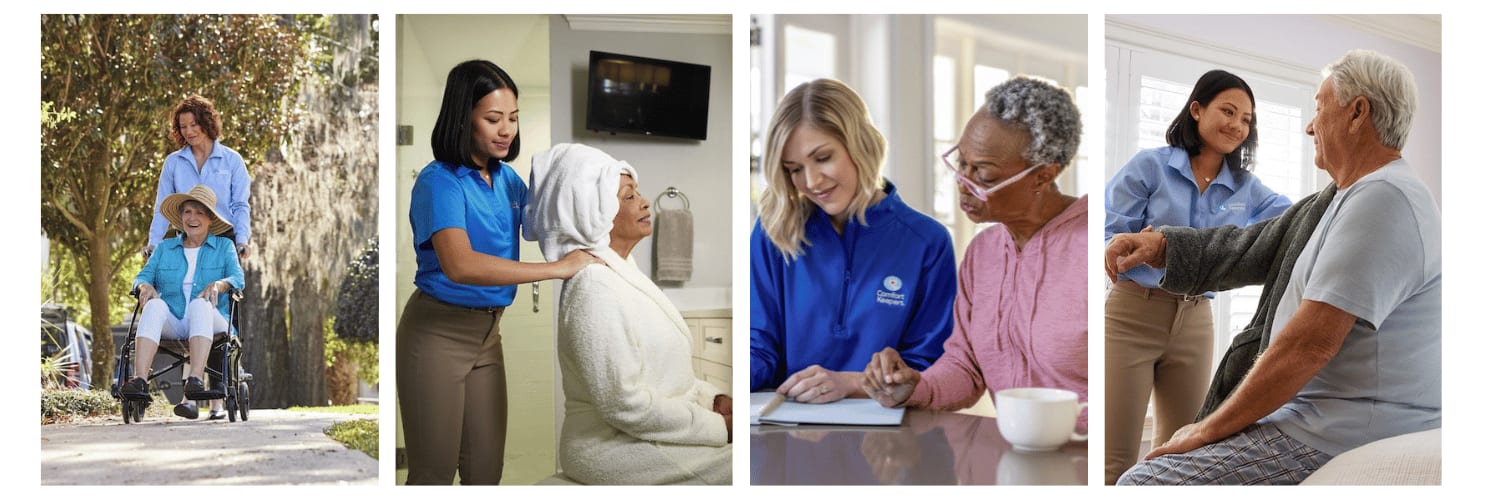 Four photos of Comfort Keepers caregivers helping seniors: outdoors in a wheelchair, carrying groceries, sitting together at a table, and getting up from a chair