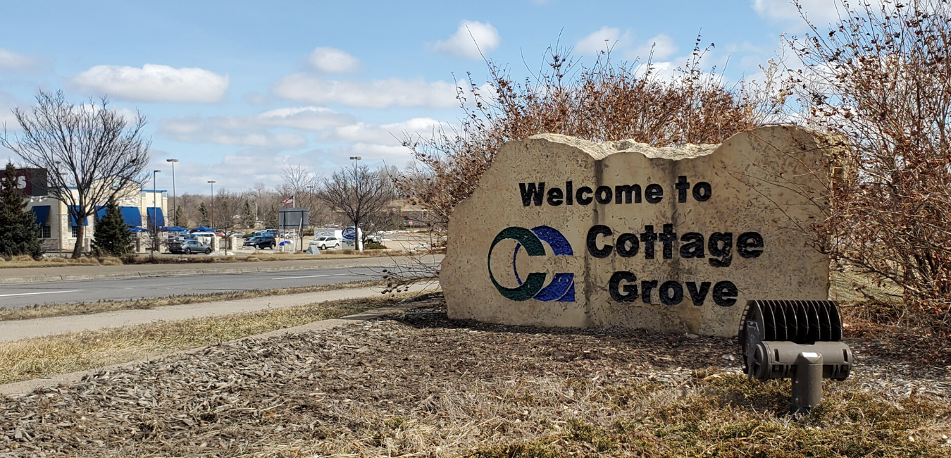 Welcome to Cottage Grove stone sign on 80th Street. Comfort Keepers provides in-home care service for seniors in Cottage Grove, MN.